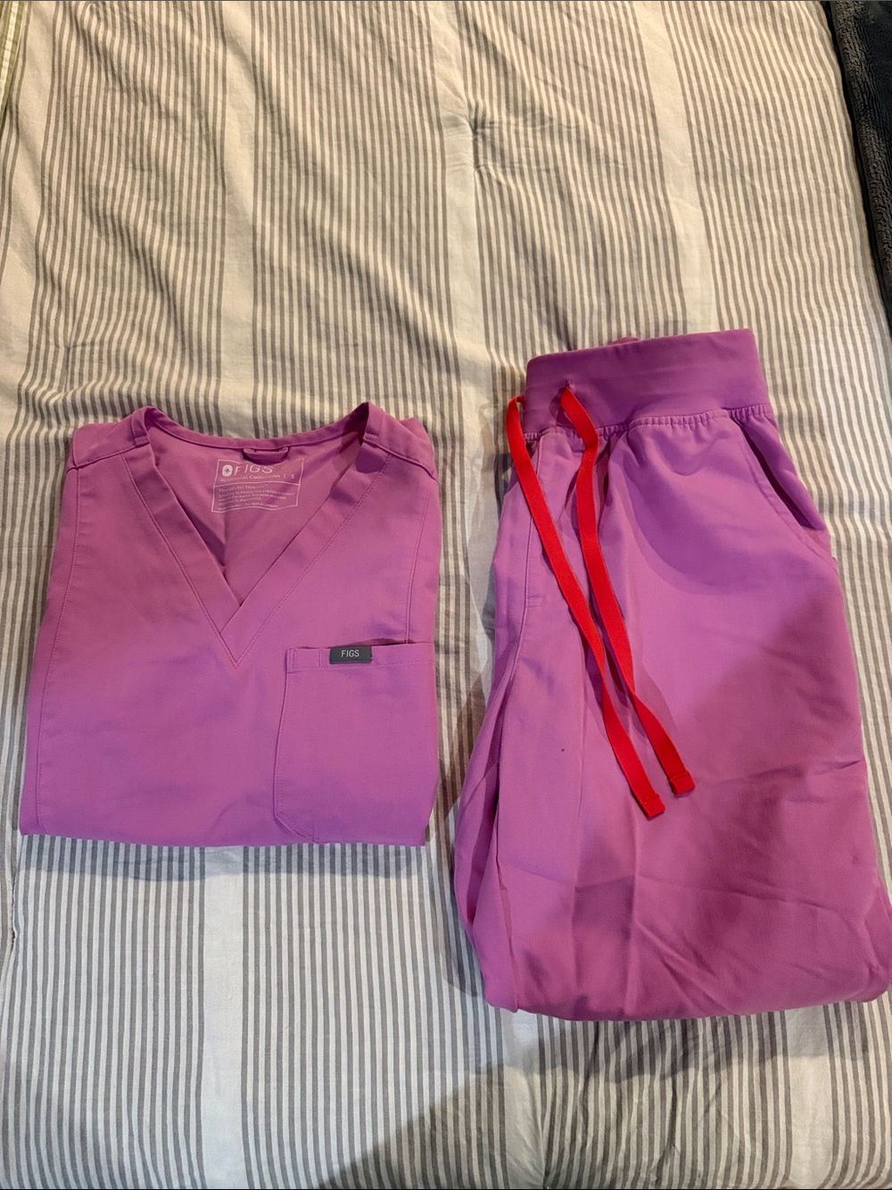 Figs Womenβs Bright Pink Pajama Scrub Set with Red Drawstrings
